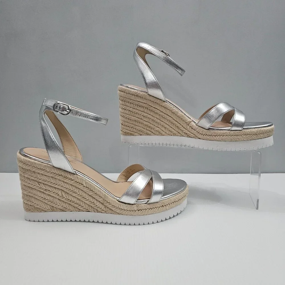 Stuart Weitzman Catalina Espadrille Wedge Sandal Size 10 Silver Leather Platform - Picture 3 of 16
